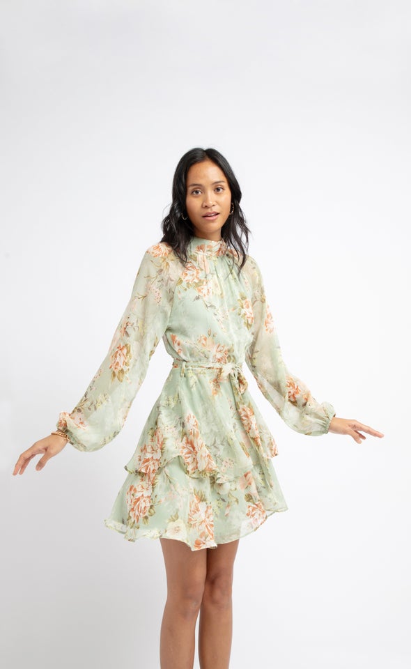 Chiffon Layered Skirt LS Dress Sage/floral