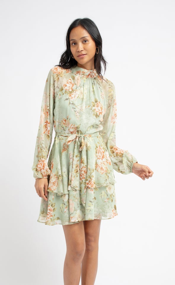 Chiffon Layered Skirt LS Dress Sage/floral