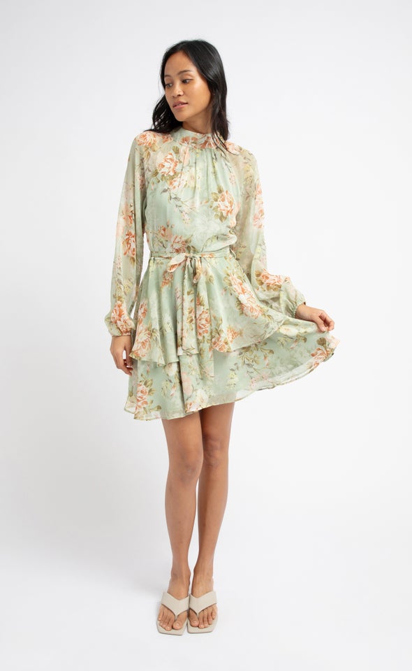 Chiffon Layered Skirt LS Dress Sage/floral