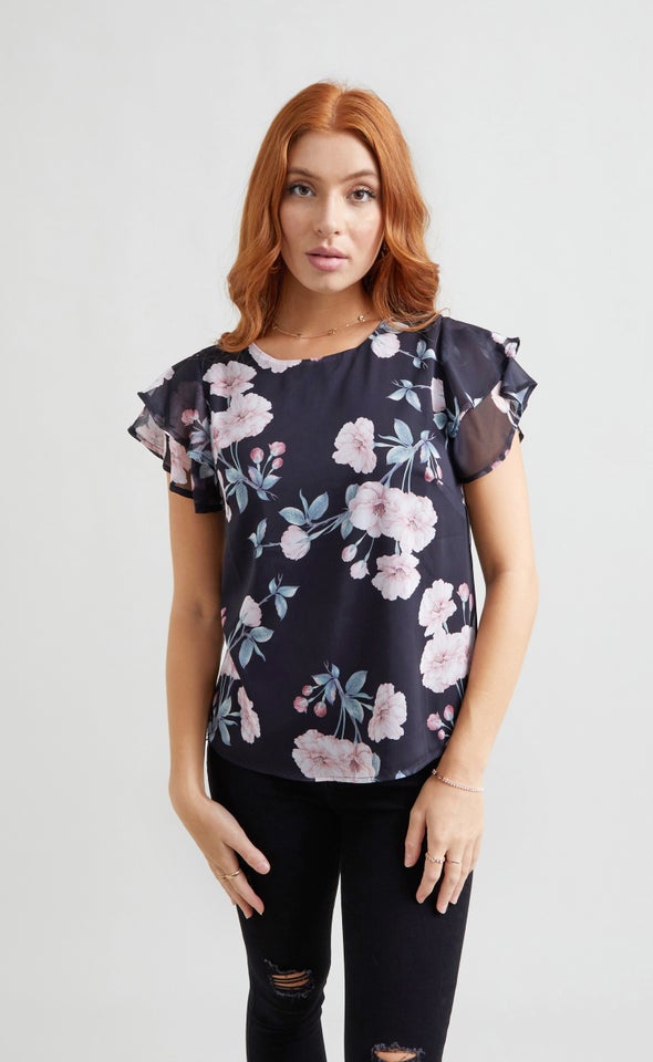 Chiffon Layered Sleeve Top Black/floral