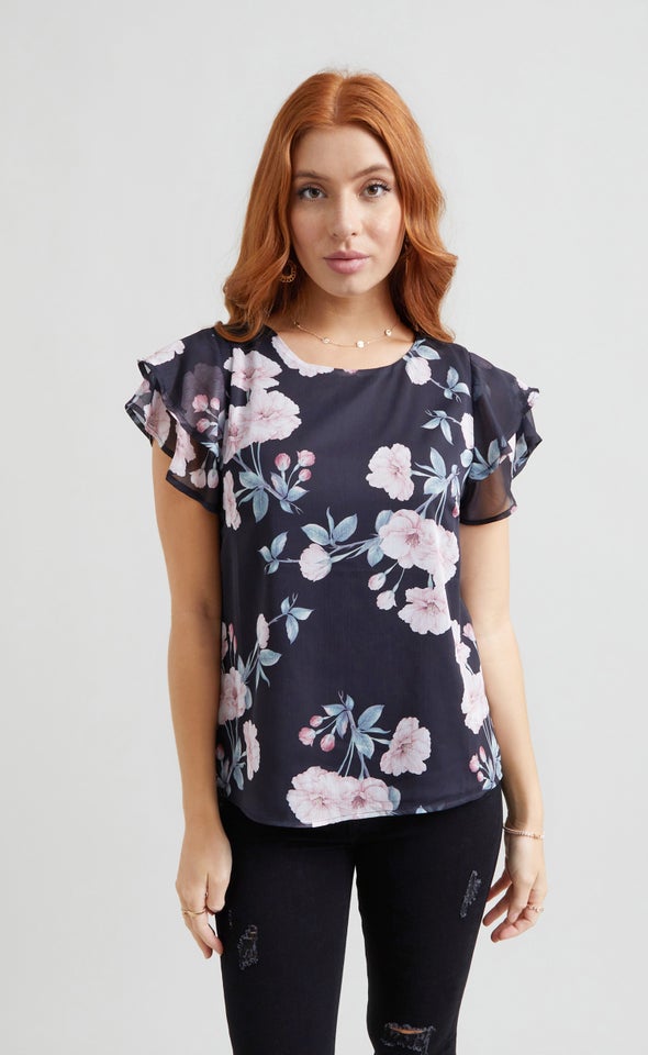 Chiffon Layered Sleeve Top Black/floral