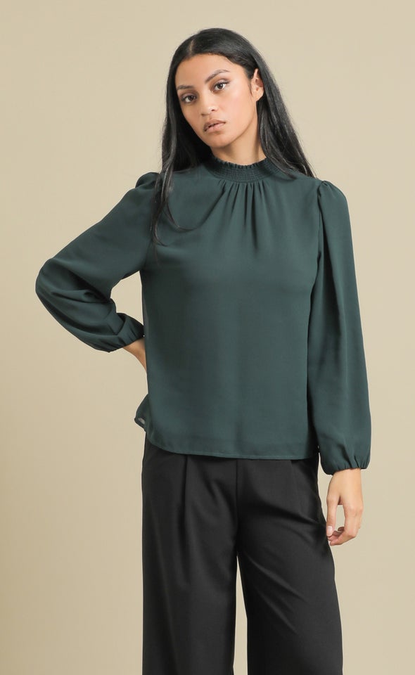 Chiffon LS High Neck Top Forest