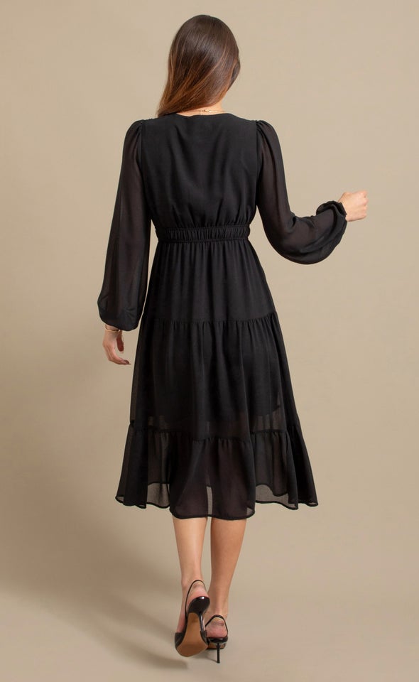 Chiffon LS Midi Dress Black