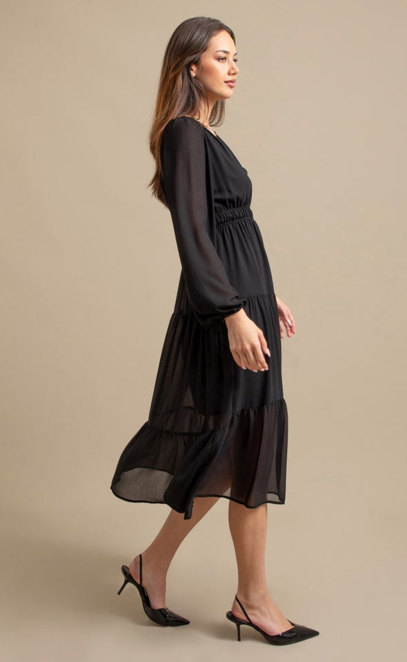 Chiffon LS Midi Dress Black