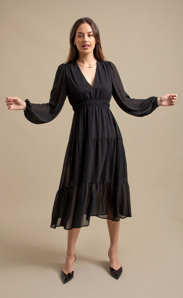Chiffon LS Midi Dress Black