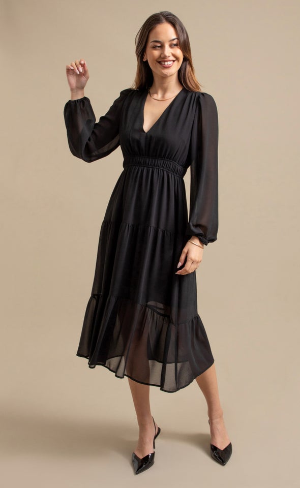 Chiffon LS Midi Dress Black