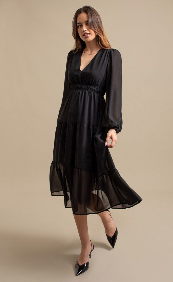 Chiffon LS Midi Dress Black