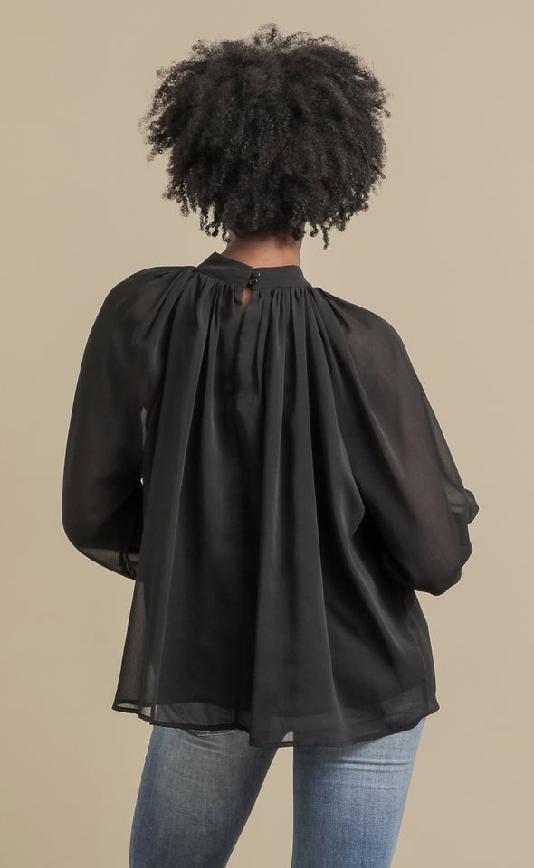 Chiffon LS Pleat Front Top Black