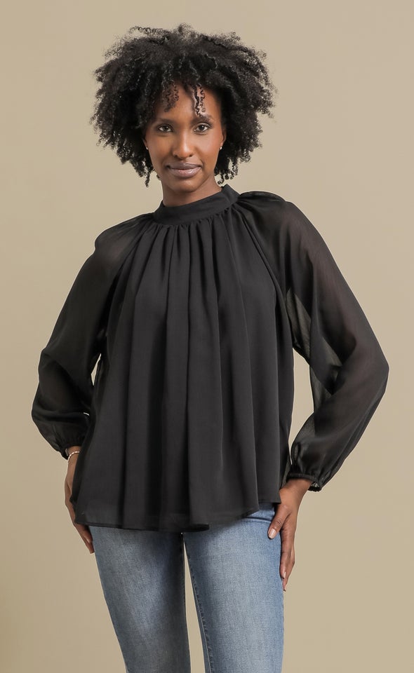 Chiffon LS Pleat Front Top Black