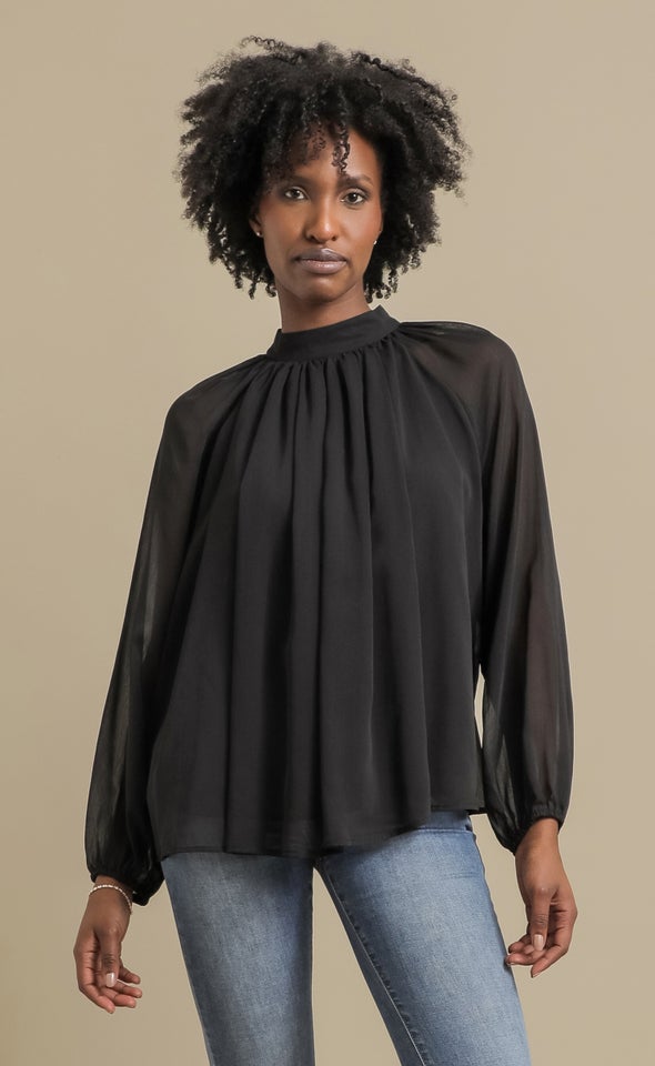 Chiffon LS Pleat Front Top Black