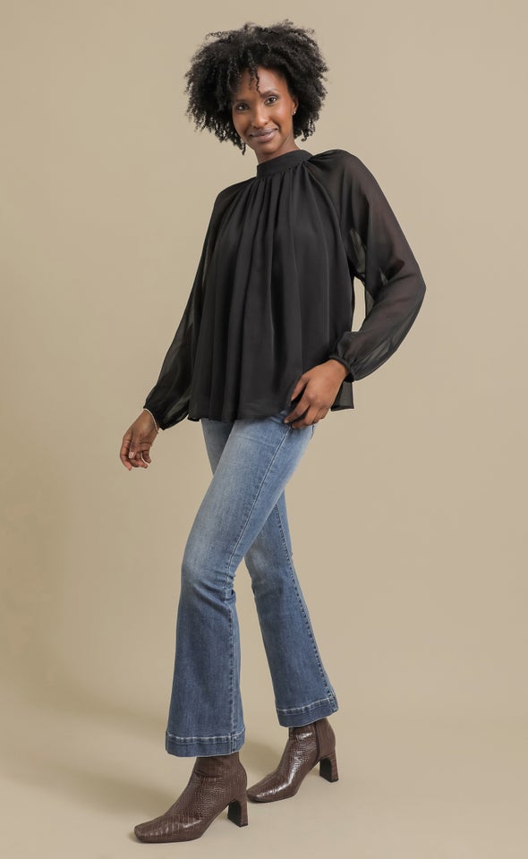 Chiffon LS Pleat Front Top Black