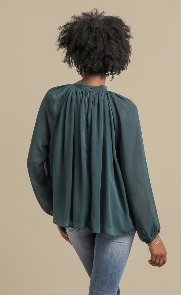 Chiffon LS Pleat Front Top Emerald