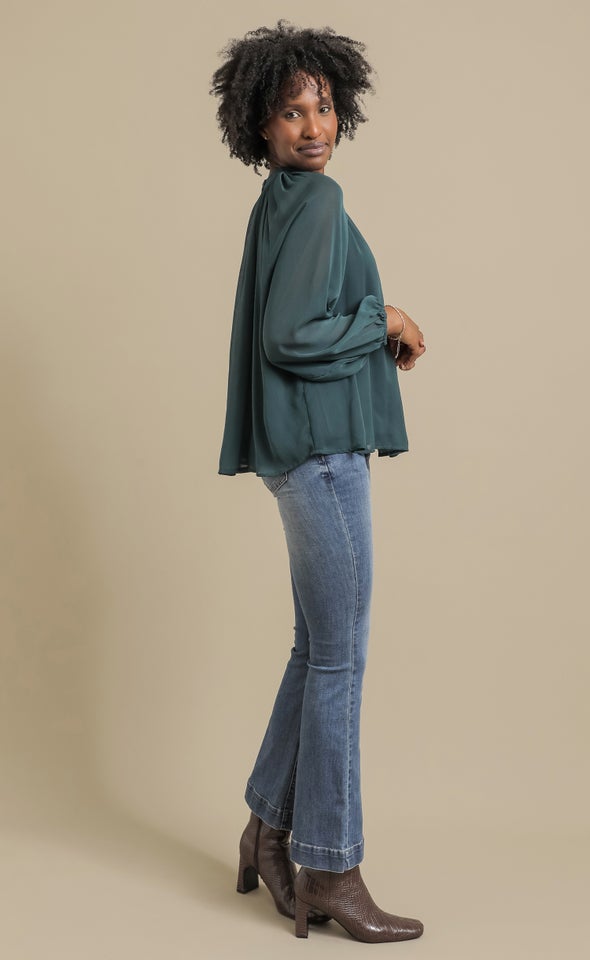 Chiffon LS Pleat Front Top Emerald
