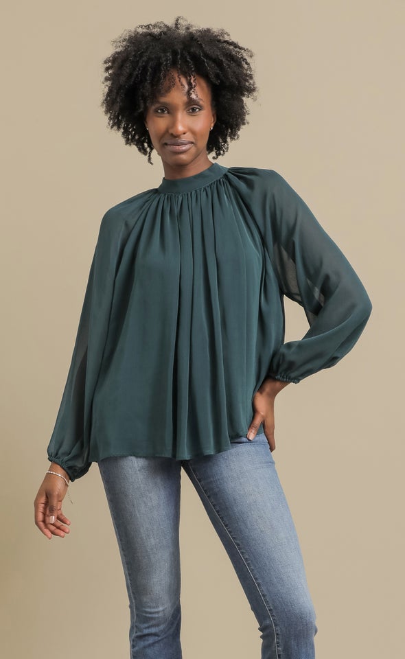 Chiffon LS Pleat Front Top Emerald