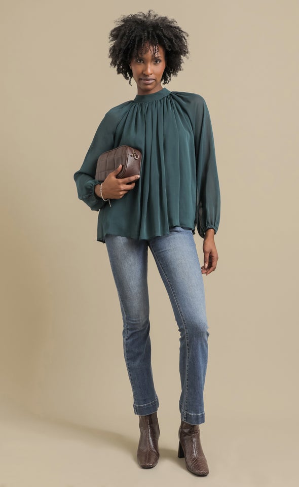Chiffon LS Pleat Front Top Emerald