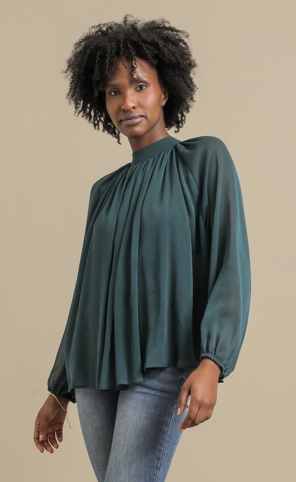 Chiffon LS Pleat Front Top Emerald