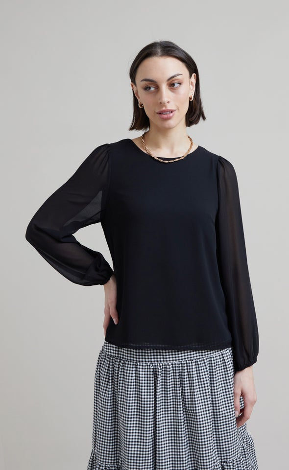 Chiffon LS Shell Top Black