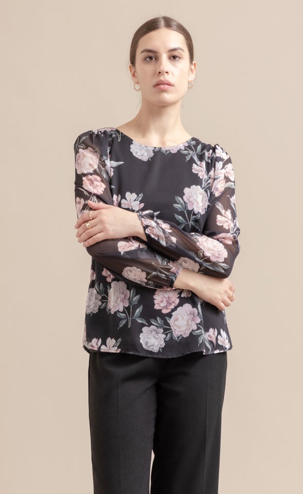 Chiffon LS Shell Top Black/floral