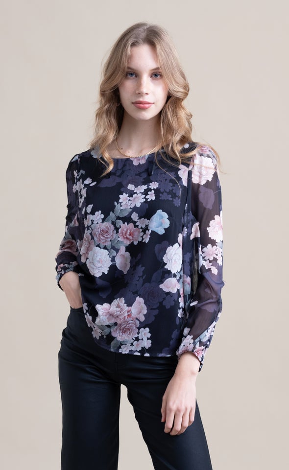 Chiffon LS Shell Top Black/floral