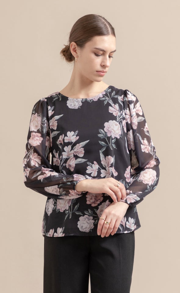 Chiffon LS Shell Top Black/floral