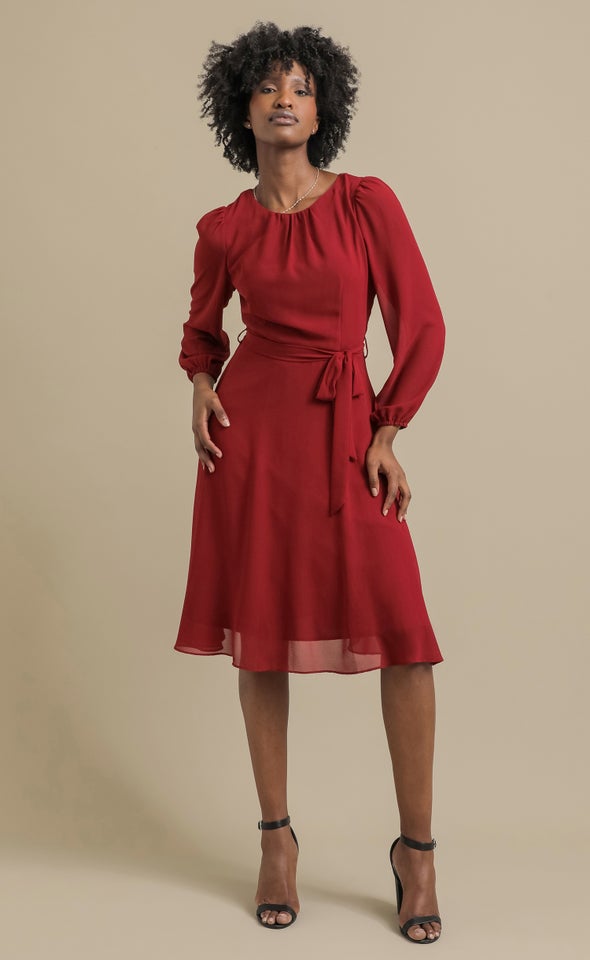 Chiffon LS Skater Dress Merlot