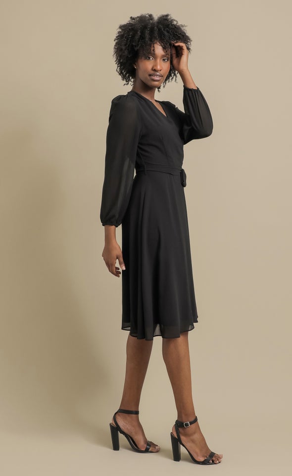 Chiffon LS Wrap Dress Black