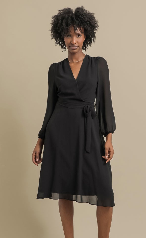 Chiffon LS Wrap Dress Black