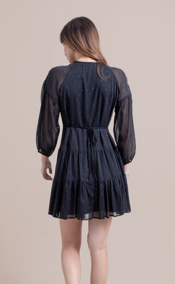 Chiffon Metallic Ruched LS Dress Black