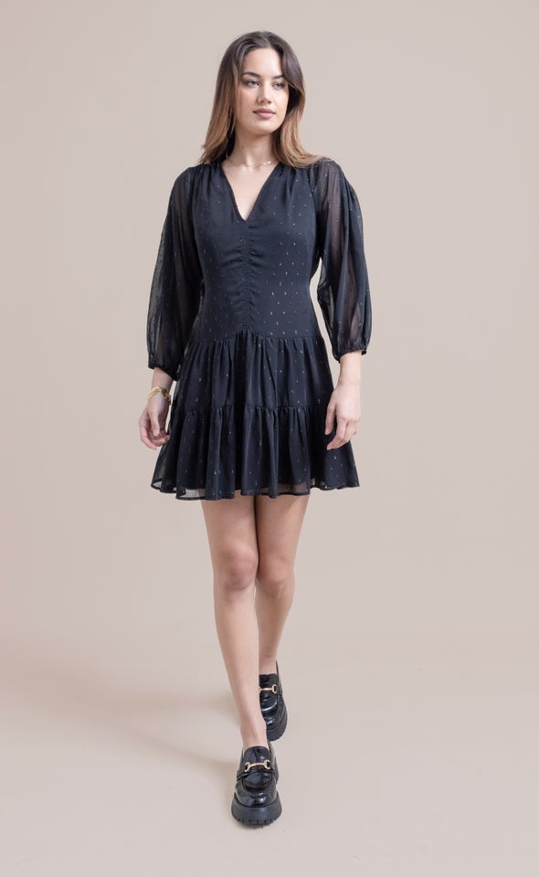 Chiffon Metallic Ruched LS Dress Black
