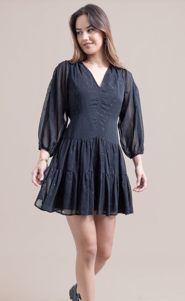 Chiffon Metallic Ruched LS Dress Black