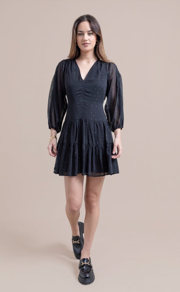 Chiffon Metallic Ruched LS Dress Black