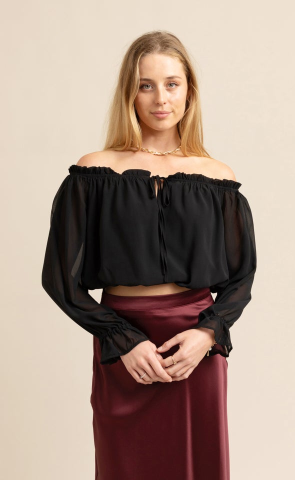 Chiffon Off Shoulder Crop Top Black