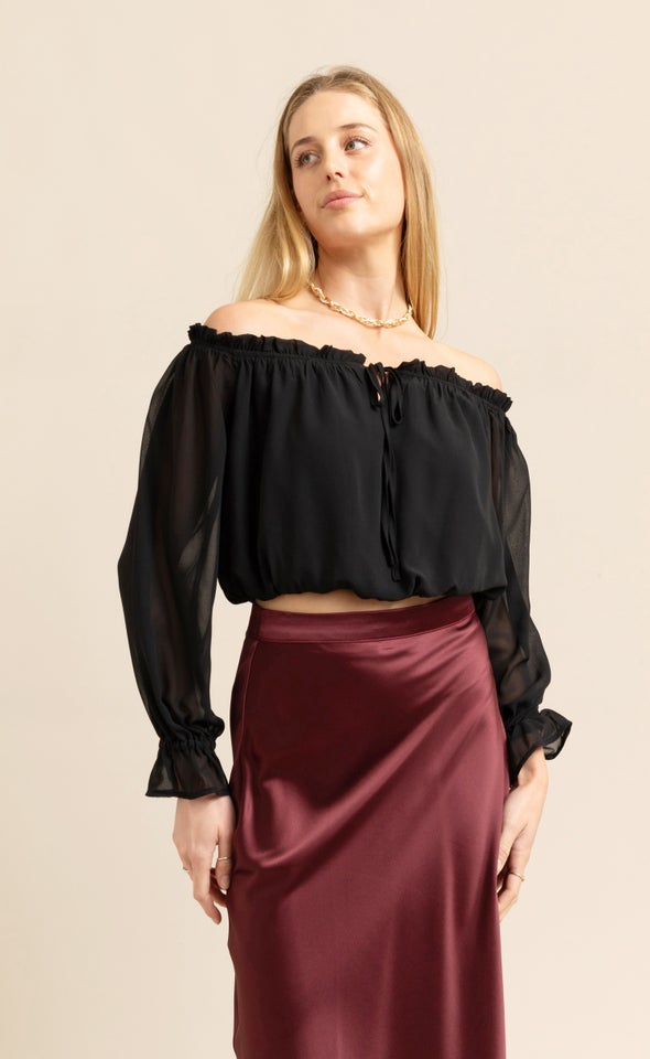 Chiffon Off Shoulder Crop Top Black