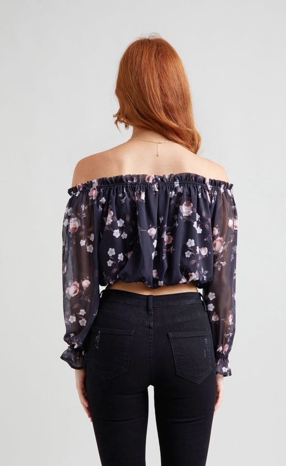 Chiffon Off Shoulder Crop Top Black/floral