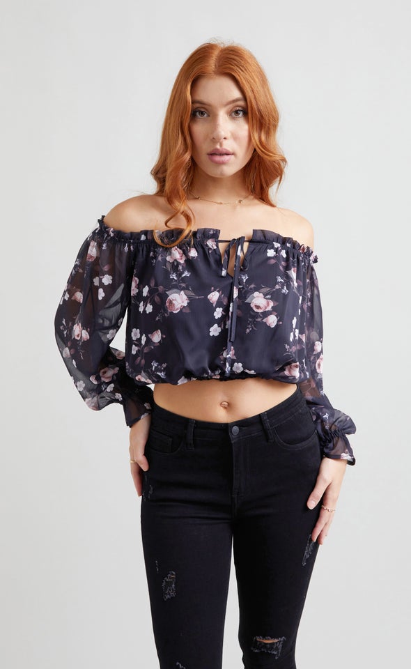 Chiffon Off Shoulder Crop Top Black/floral
