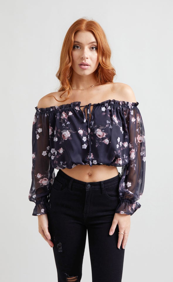 Chiffon Off Shoulder Crop Top Black/floral