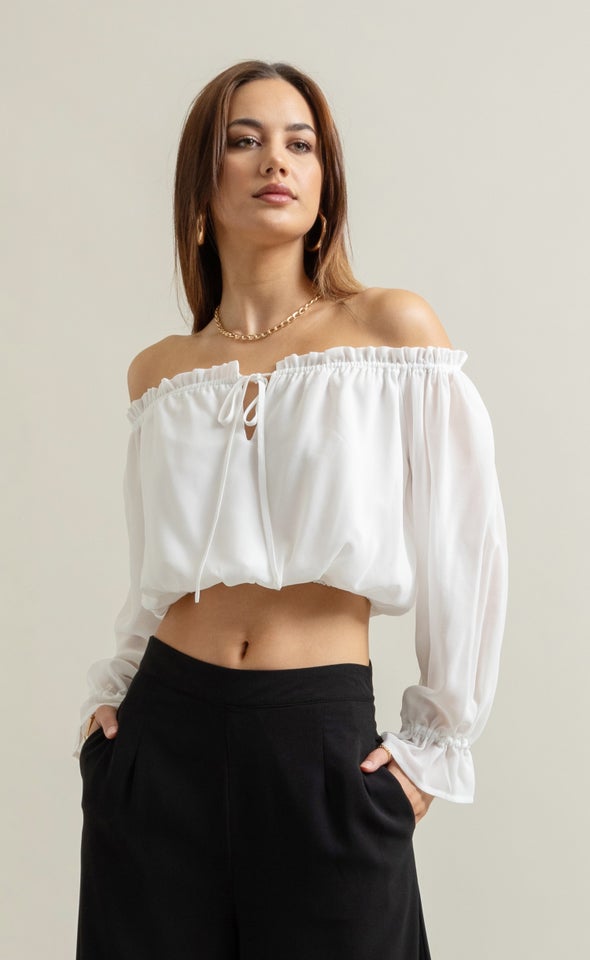 Chiffon Off Shoulder Crop Top Cream