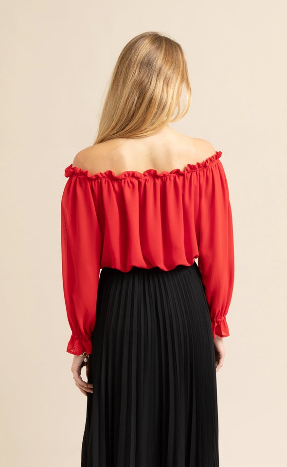 Chiffon Off Shoulder Crop Top Red