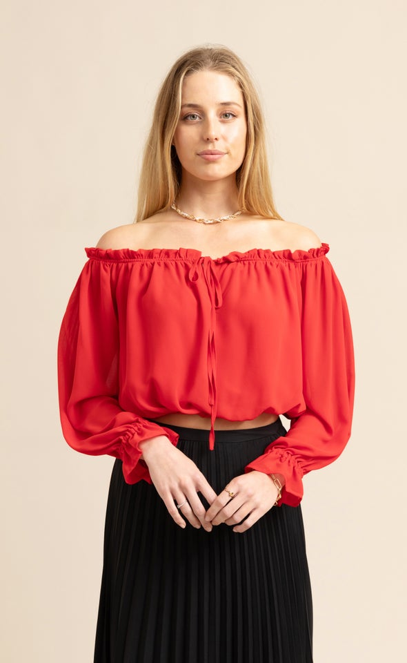 Chiffon Off Shoulder Crop Top Red