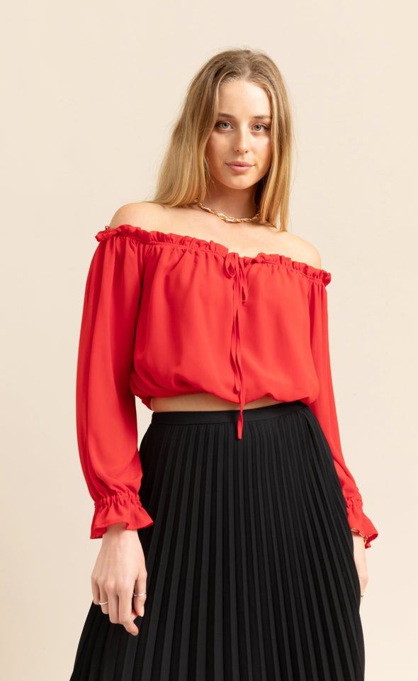 Chiffon Off Shoulder Crop Top Red