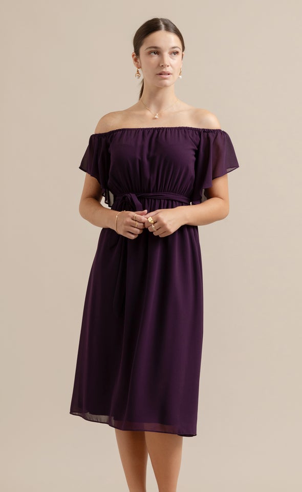 Chiffon Off The Shoulder Dress Dark Purple