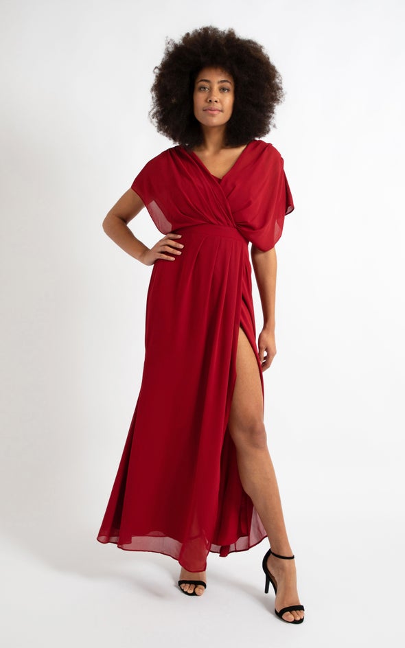 Chiffon Overlay Detail Wrap Gown Maroon