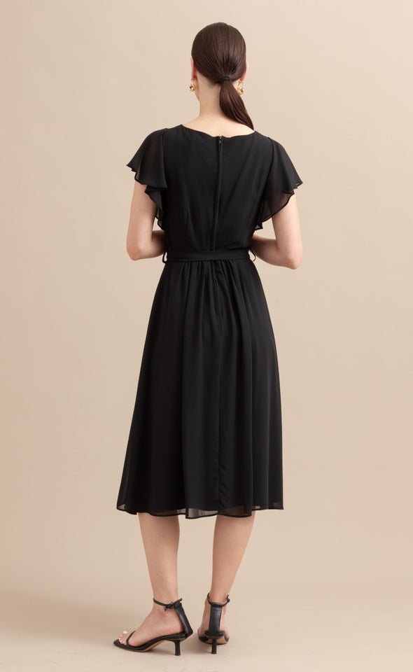 Chiffon Overlay Flutter Detail Dress Black