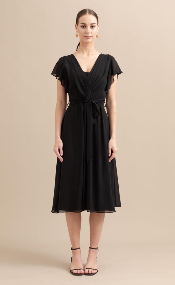 Chiffon Overlay Flutter Detail Dress Black