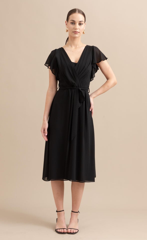 Chiffon Overlay Flutter Detail Dress Black