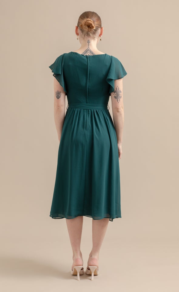 Chiffon Overlay Flutter Detail Dress Emerald