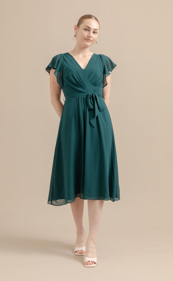 Chiffon Overlay Flutter Detail Dress Emerald