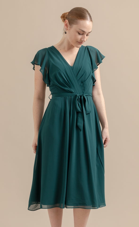 Chiffon Overlay Flutter Detail Dress Emerald