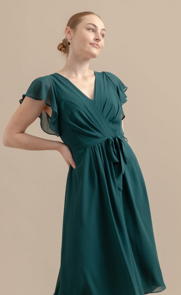 Chiffon Overlay Flutter Detail Dress Emerald