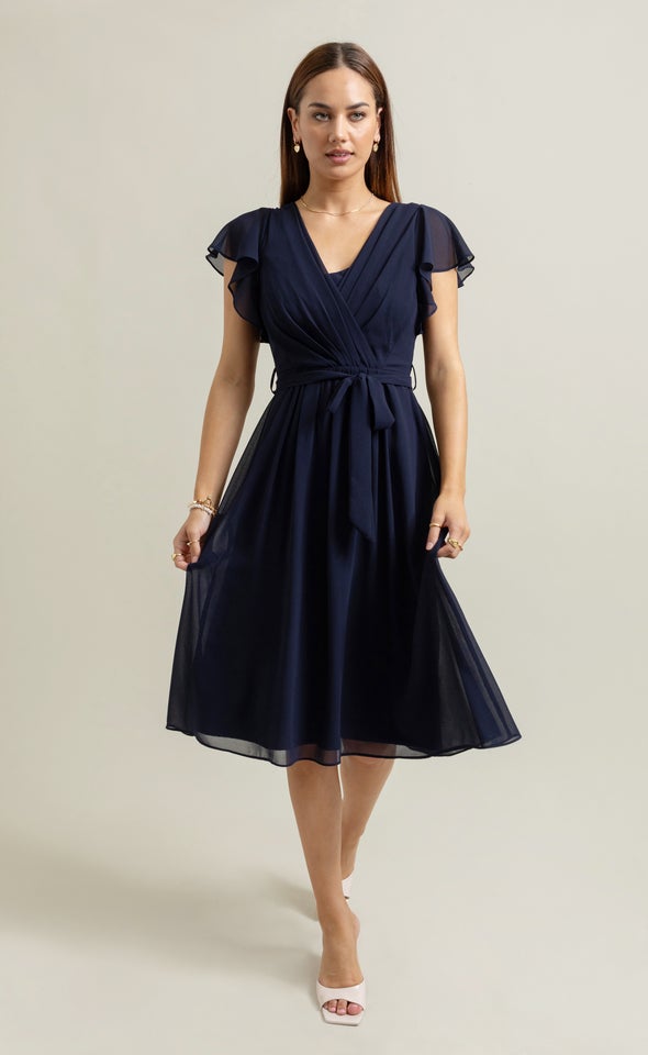 Chiffon Overlay Flutter Detail Dress | Pagani